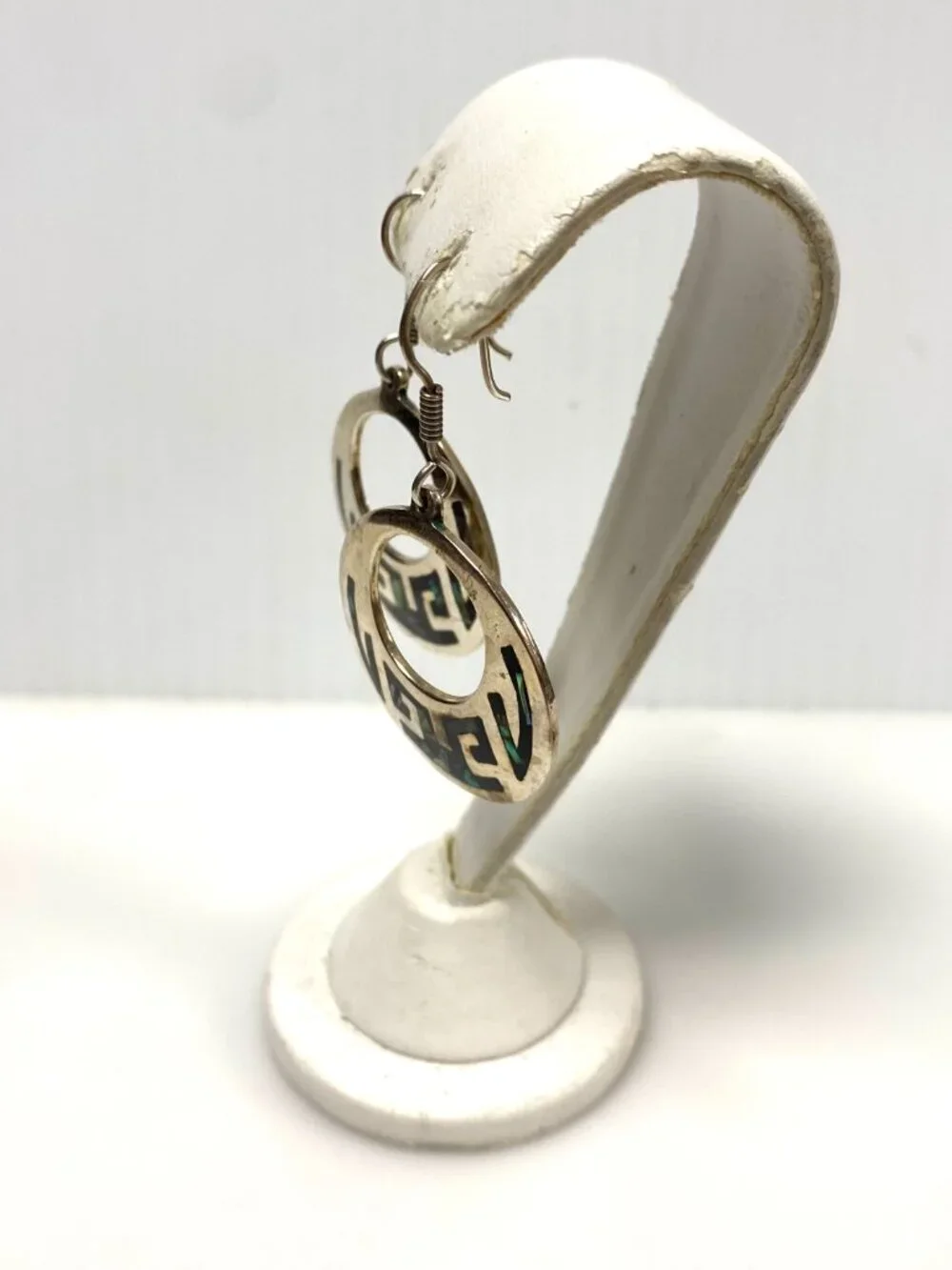 m945 Vintage Sterling Silver Mexican Modernist Dangle Hoop Earrings Abalone Shel